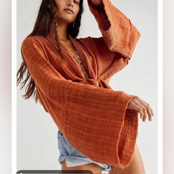 Free People FP One Azalea Kimono - Crinkly Boho Cream Blouse - Bohemian Top - Picture 6 of 13